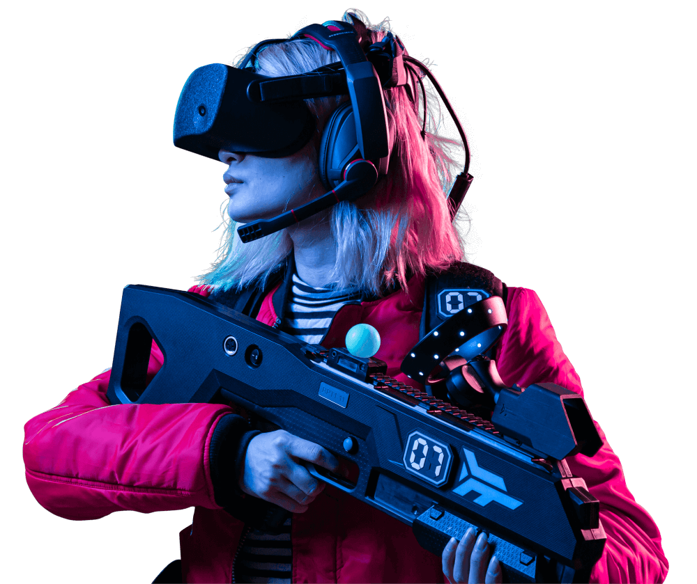 Woman wearing a gun and virtual reality glasses