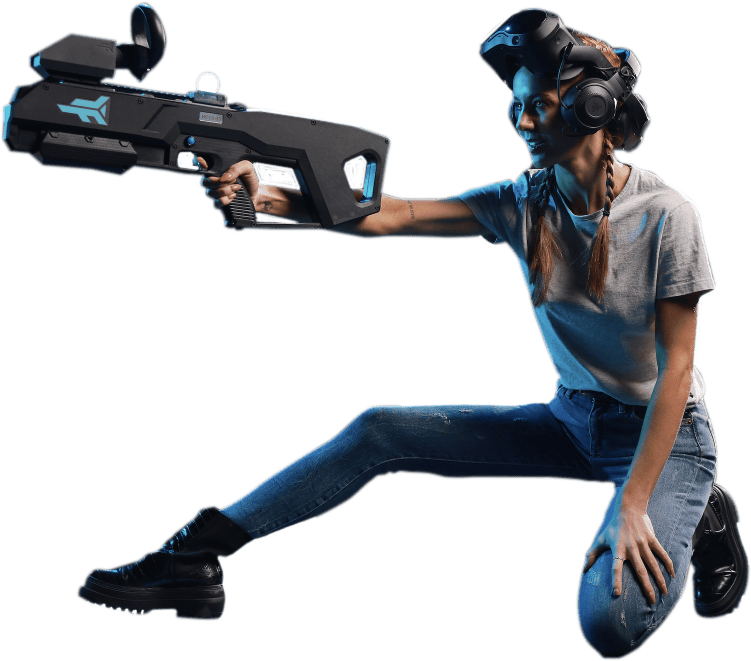 A woman holding a virtual reality gun at Zero Latency